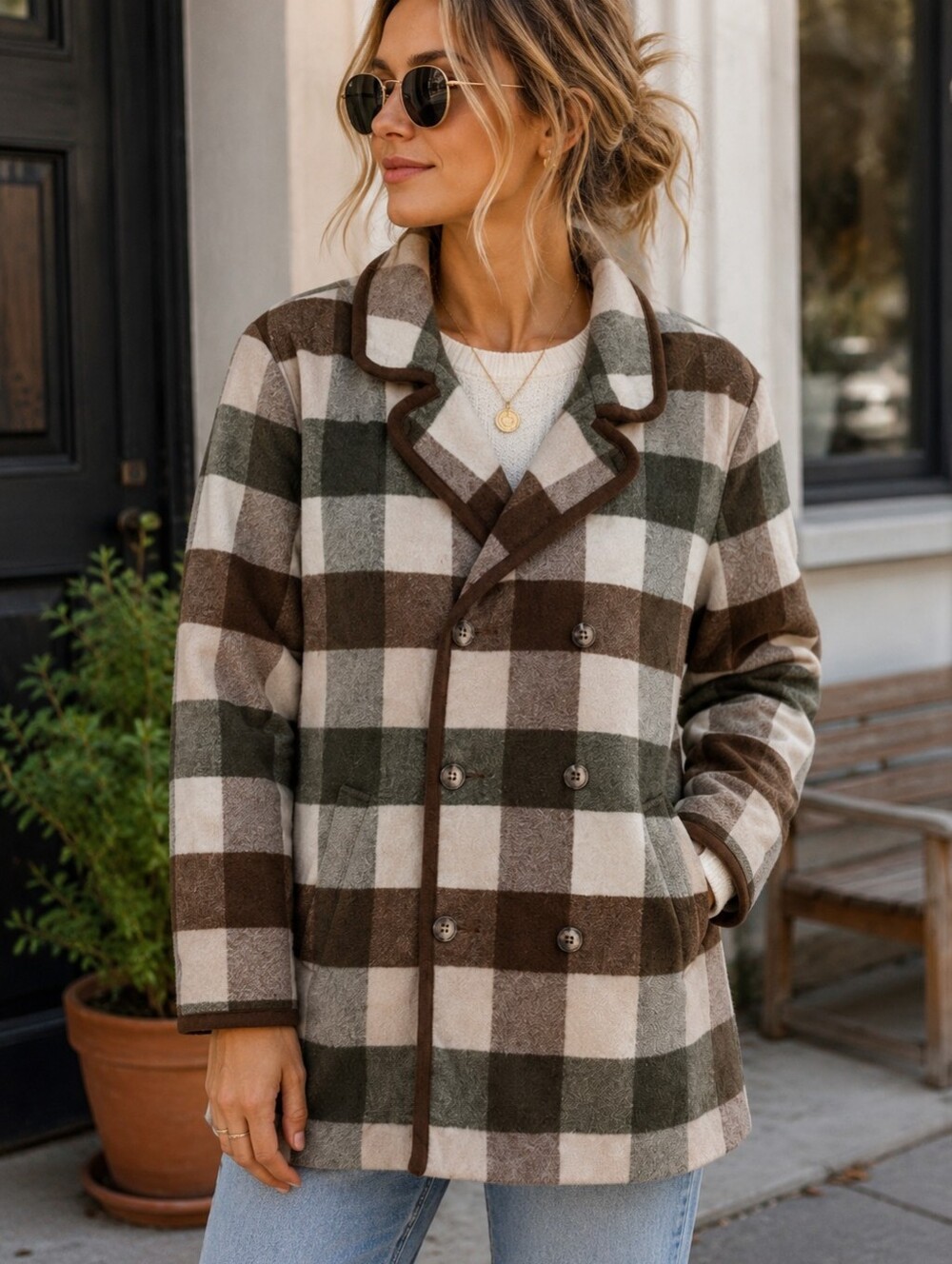 Women's Lizwear Vintage Petite Wool Blend Plaid Double Breasted Coat 12P